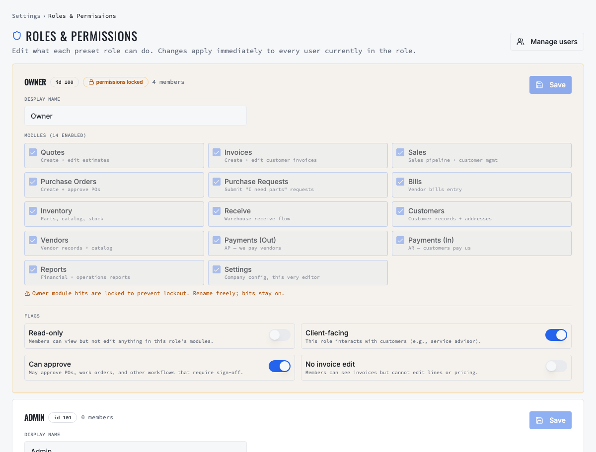 VMOTEK roles and permissions settings