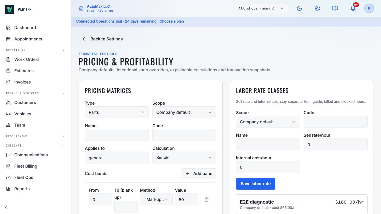 VMOTEK Pricing and Profitability screen showing labor rate classes