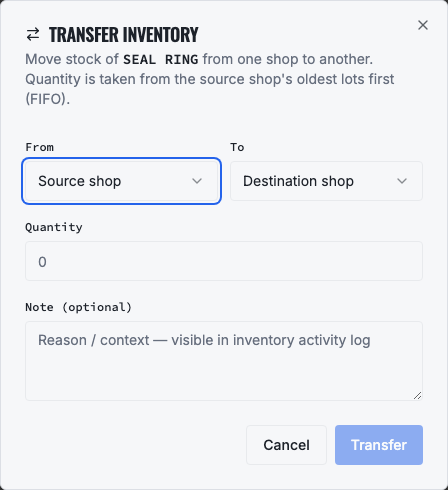 VMOTEK inter-shop inventory transfer