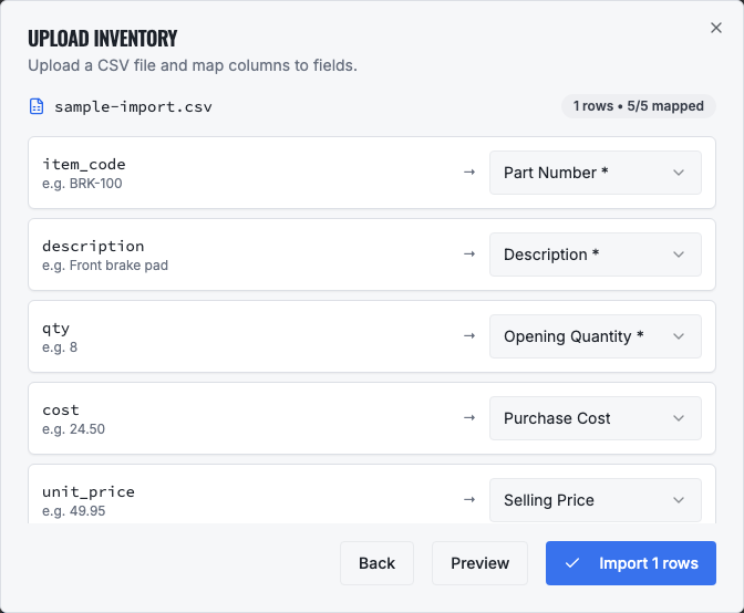 VMOTEK inventory CSV mapping dialog