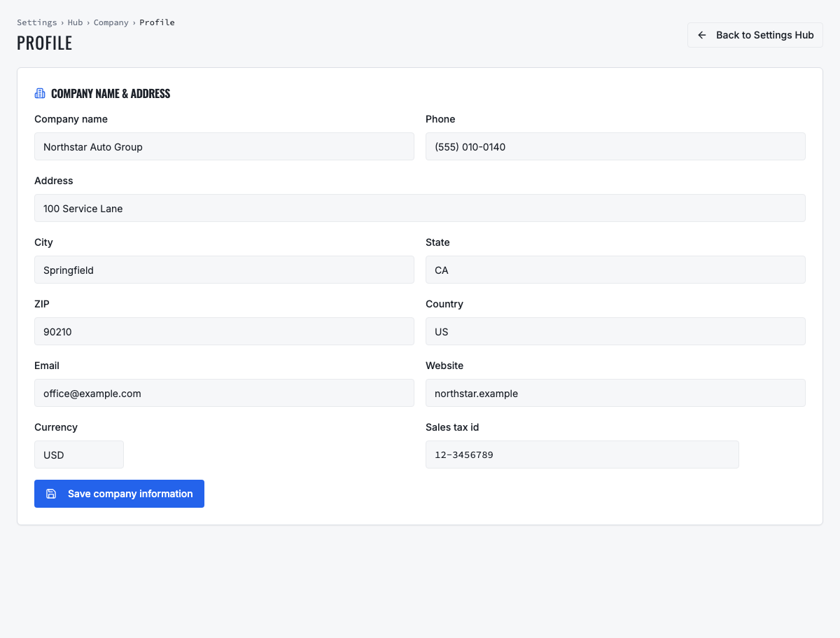 VMOTEK company profile settings with company name address email currency and tax fields