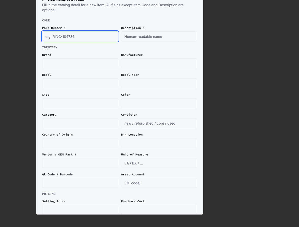 VMOTEK inventory item creation screen for part number cost price and stock settings
