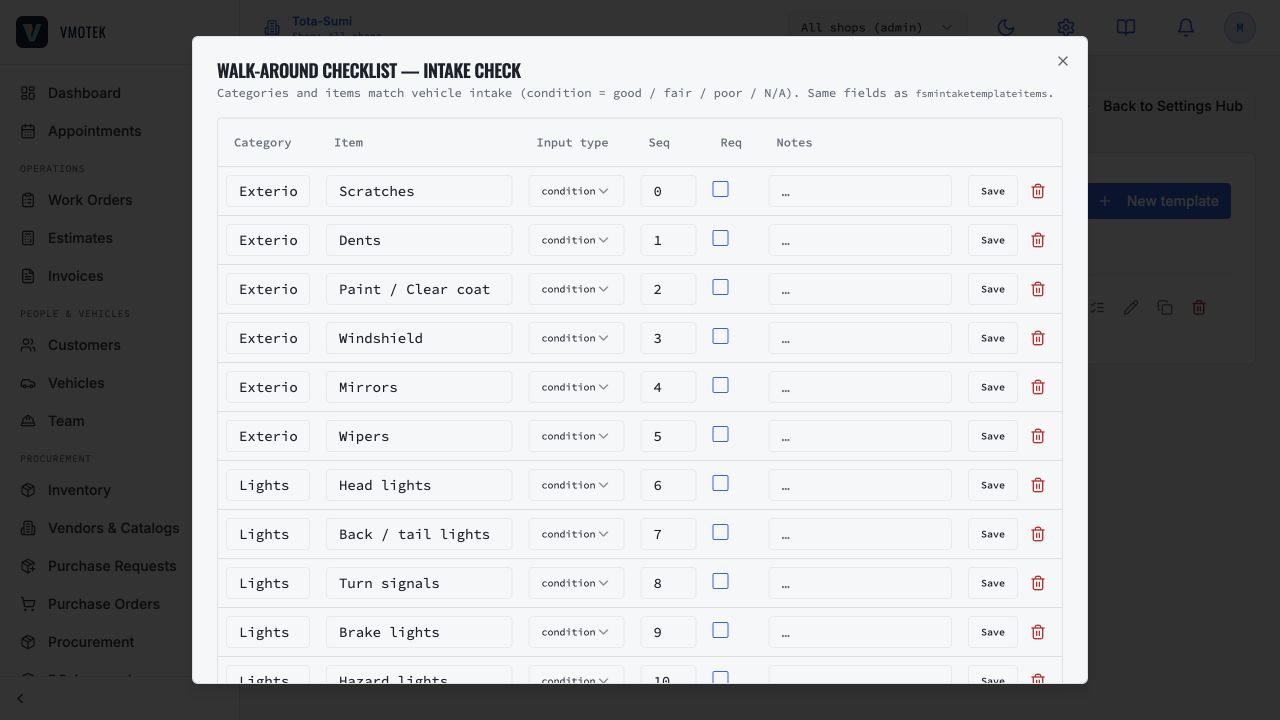VMOTEK intake checklist row editor