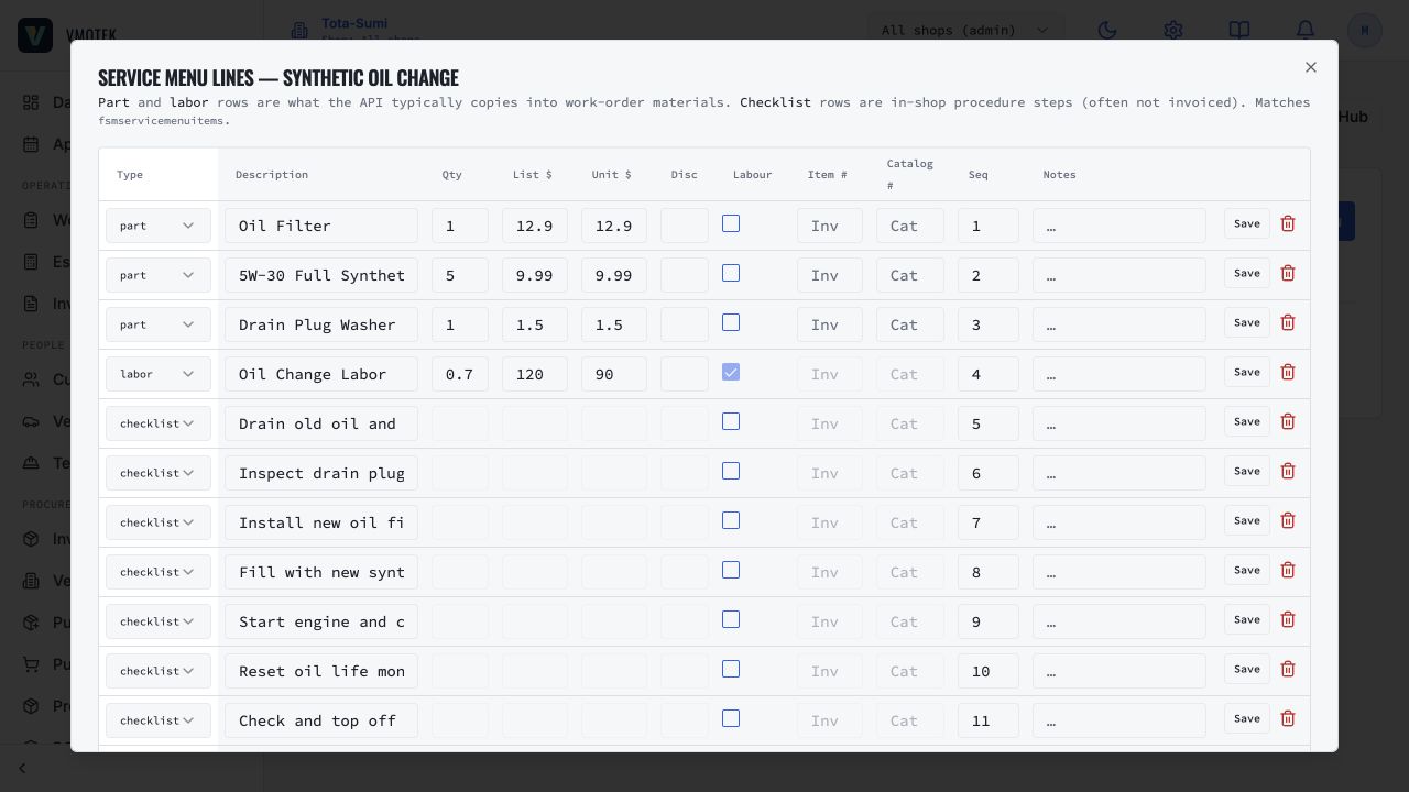 VMOTEK service-menu parts labor and checklist lines