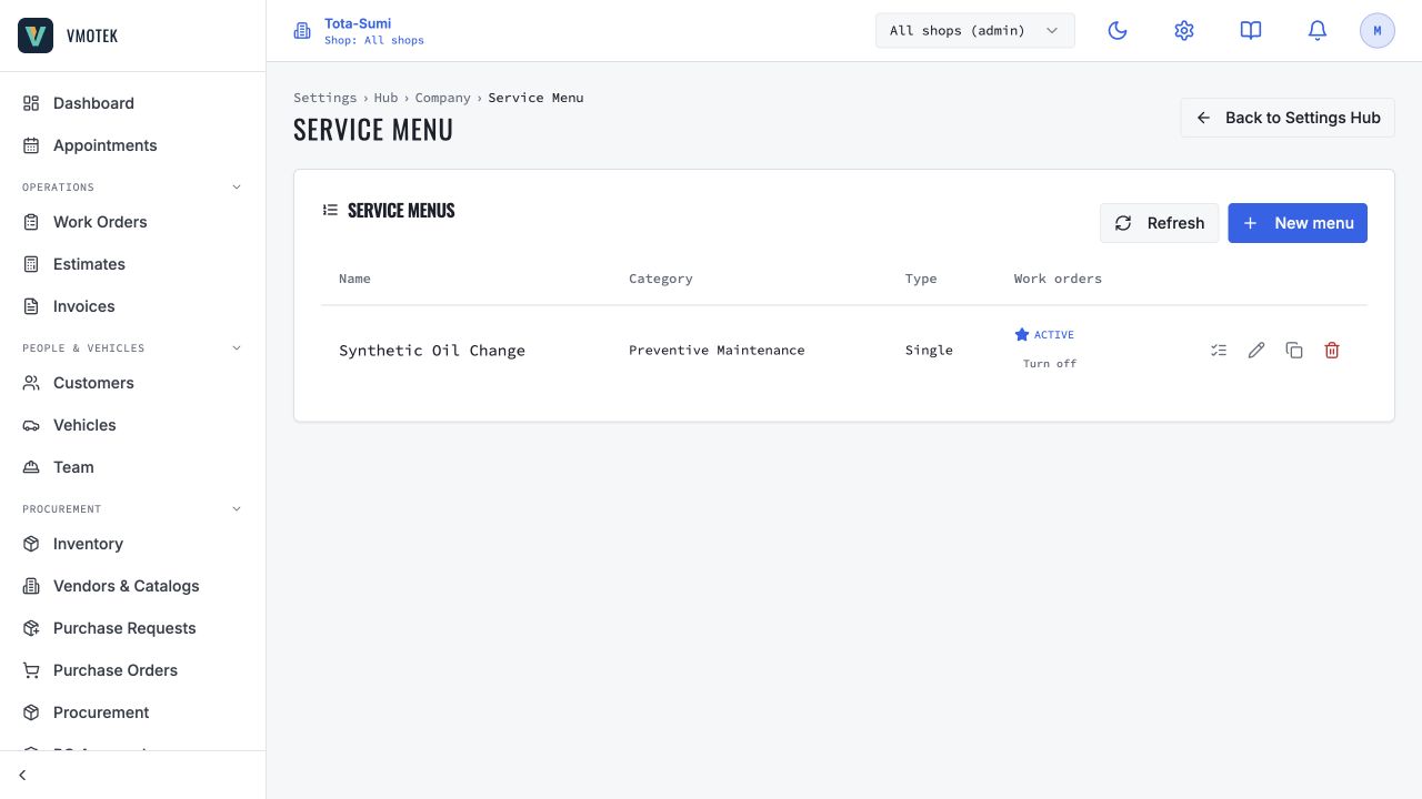 VMOTEK company service-menu list
