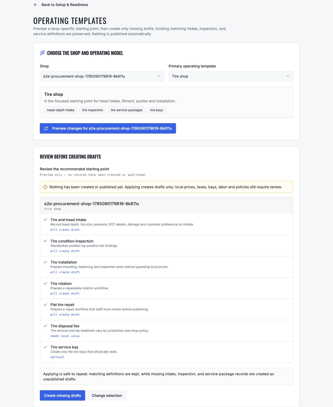 VMOTEK operating-template preview showing draft, local-value and optional actions