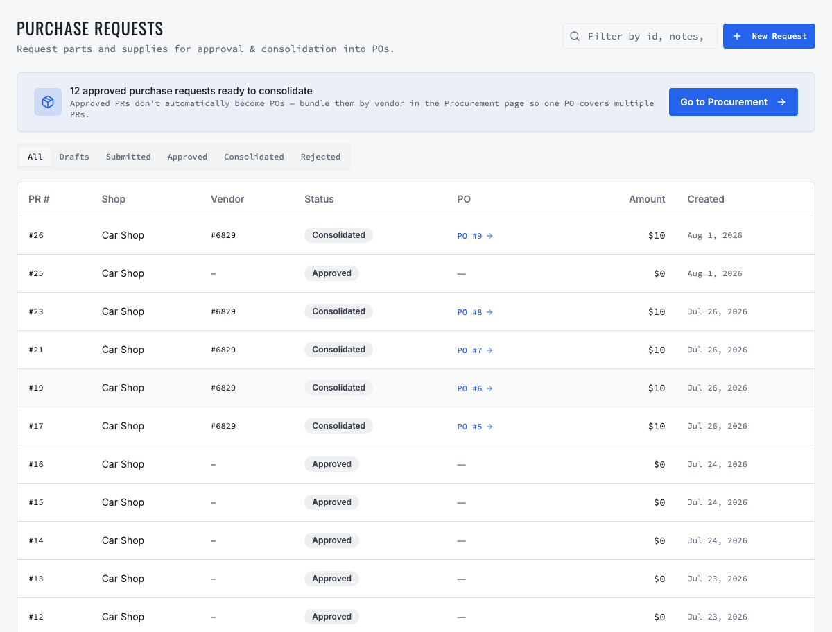 VMOTEK purchase request queue with approved and consolidated statuses