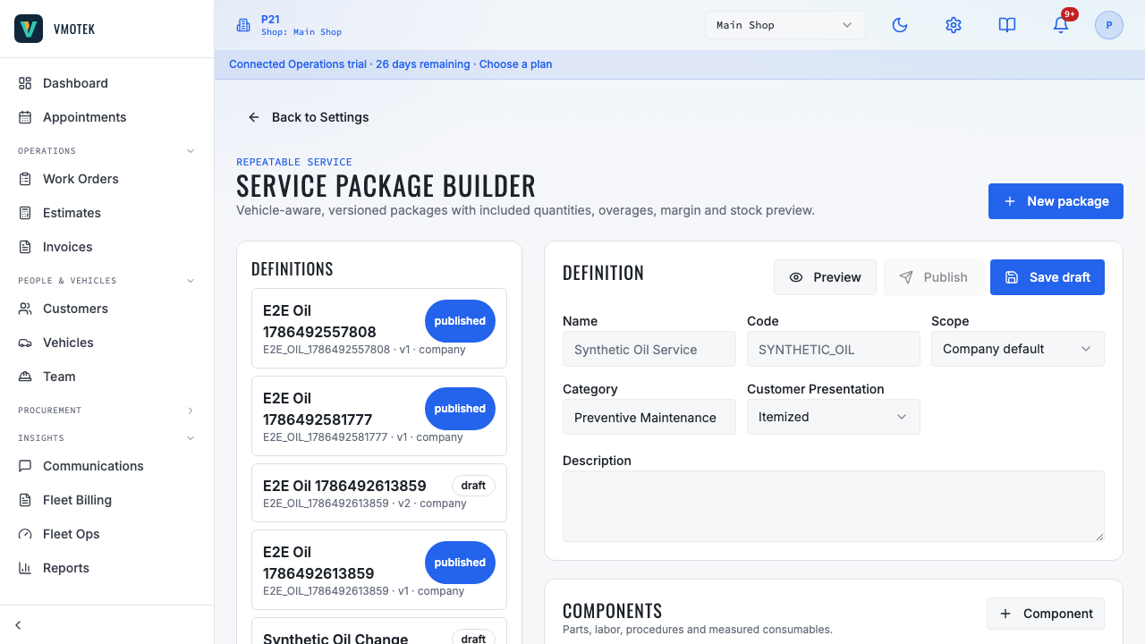 VMOTEK service package builder with definition components vehicle rules required quantities and preview
