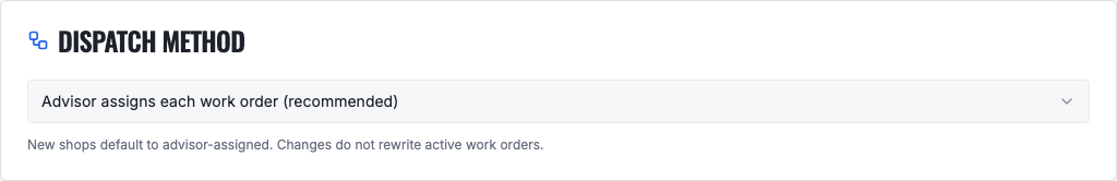 VMOTEK Work Order Workflow dispatch method configuration