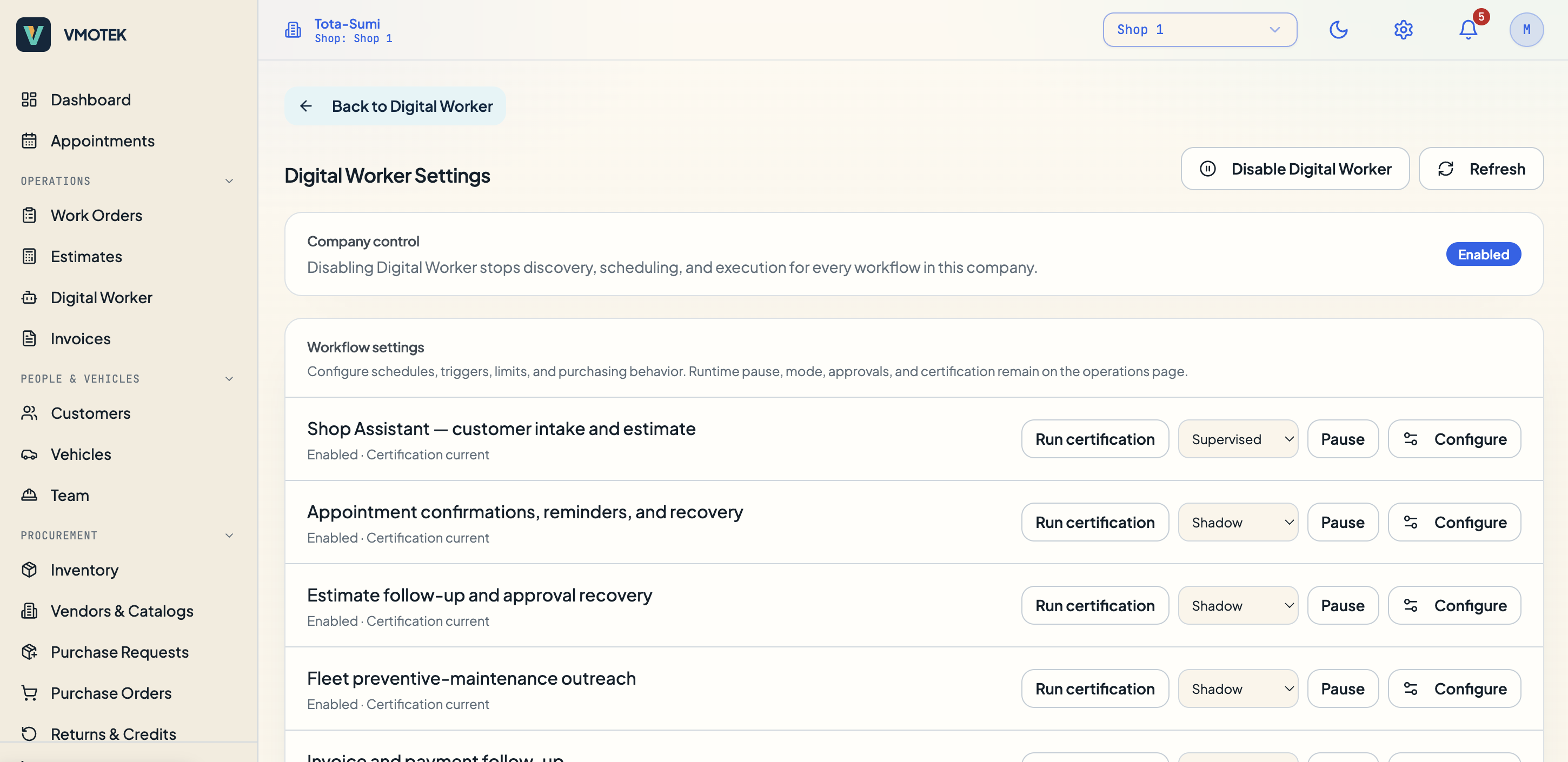 VMOTEK Digital Worker Settings screen listing workflows with Shadow, Supervised, and Automatic mode controls