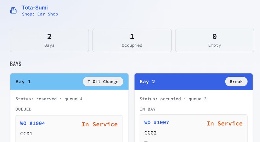 Bay capacity screen showing two bays and their current work orders