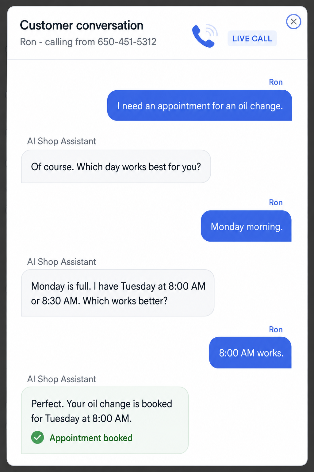 Live phone conversation between a customer and the VMOTEK AI Shop Assistant resulting in a booked appointment