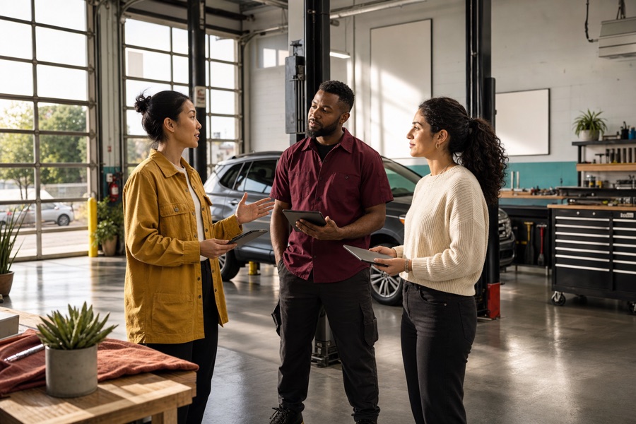 Growing automotive service team holding a morning operations meeting