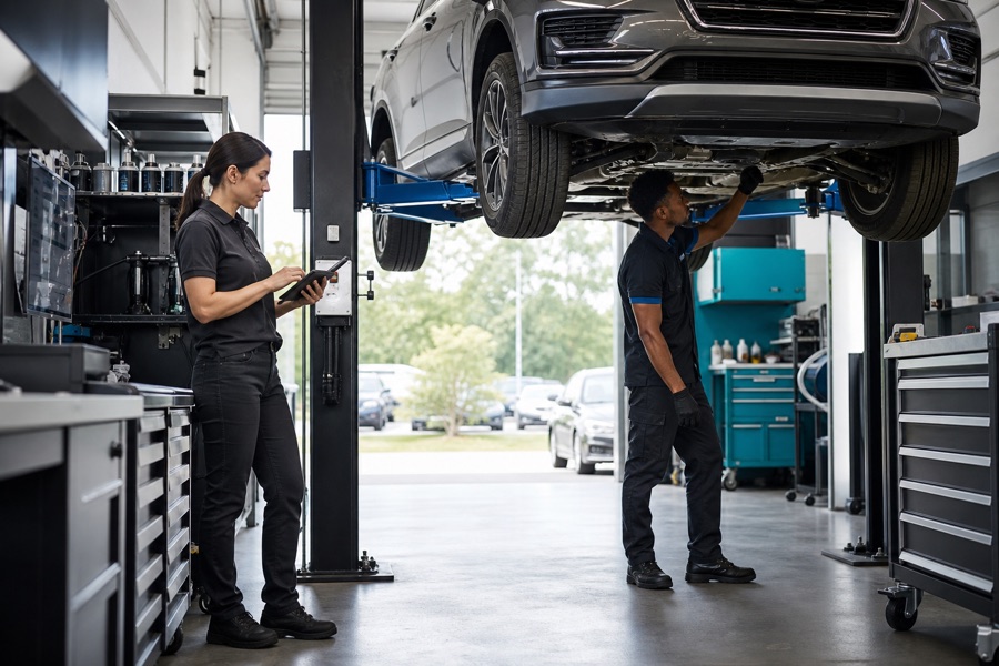 Technicians working in a modern independent automotive repair shop