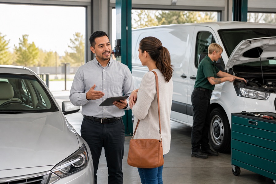 Service team supporting a retail customer and a commercial fleet vehicle