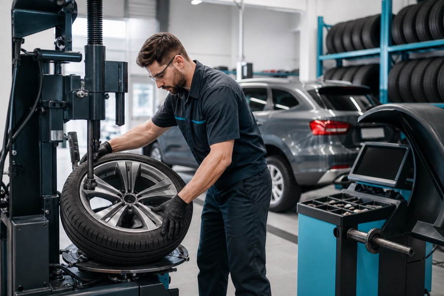 Technician servicing a wheel in a modern tire shop