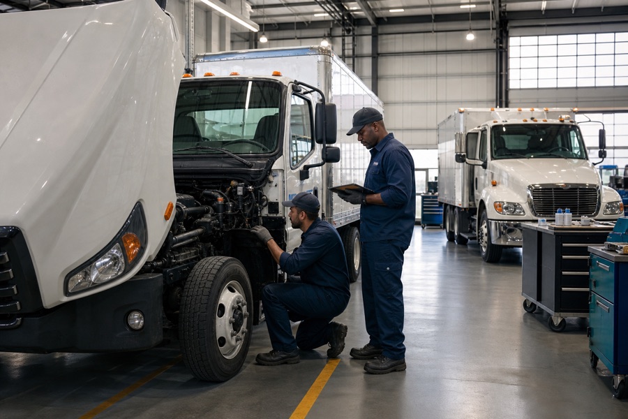 Diesel technicians inspecting a commercial truck in a service bay