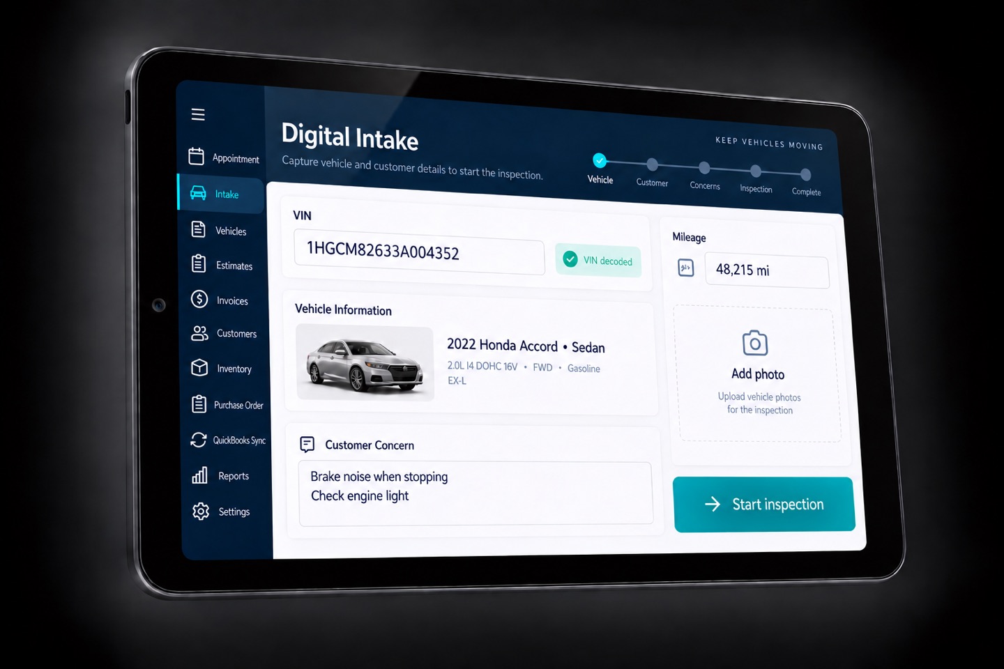 Tablet showing VMOTEK digital intake with VIN decoding, vehicle details, mileage, customer concerns, photo capture and inspection start controls